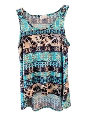 Linda Leal Turquoise & Black Patterned Hi-low Sleeveless Tank - Size S*